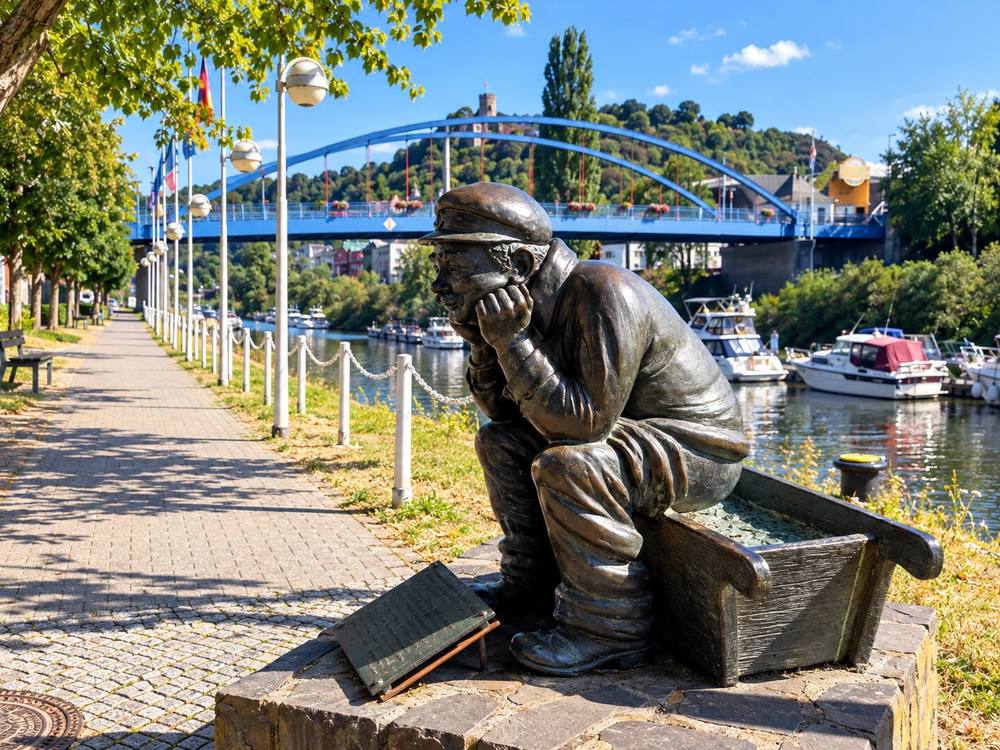 Nachdenkliche Bronzestatue an der Flusspromenade