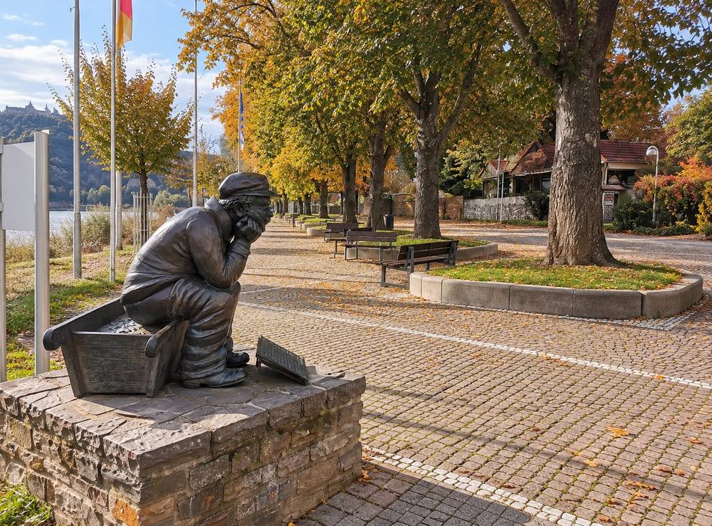Bronzestatue im herbstlichen Flusspark